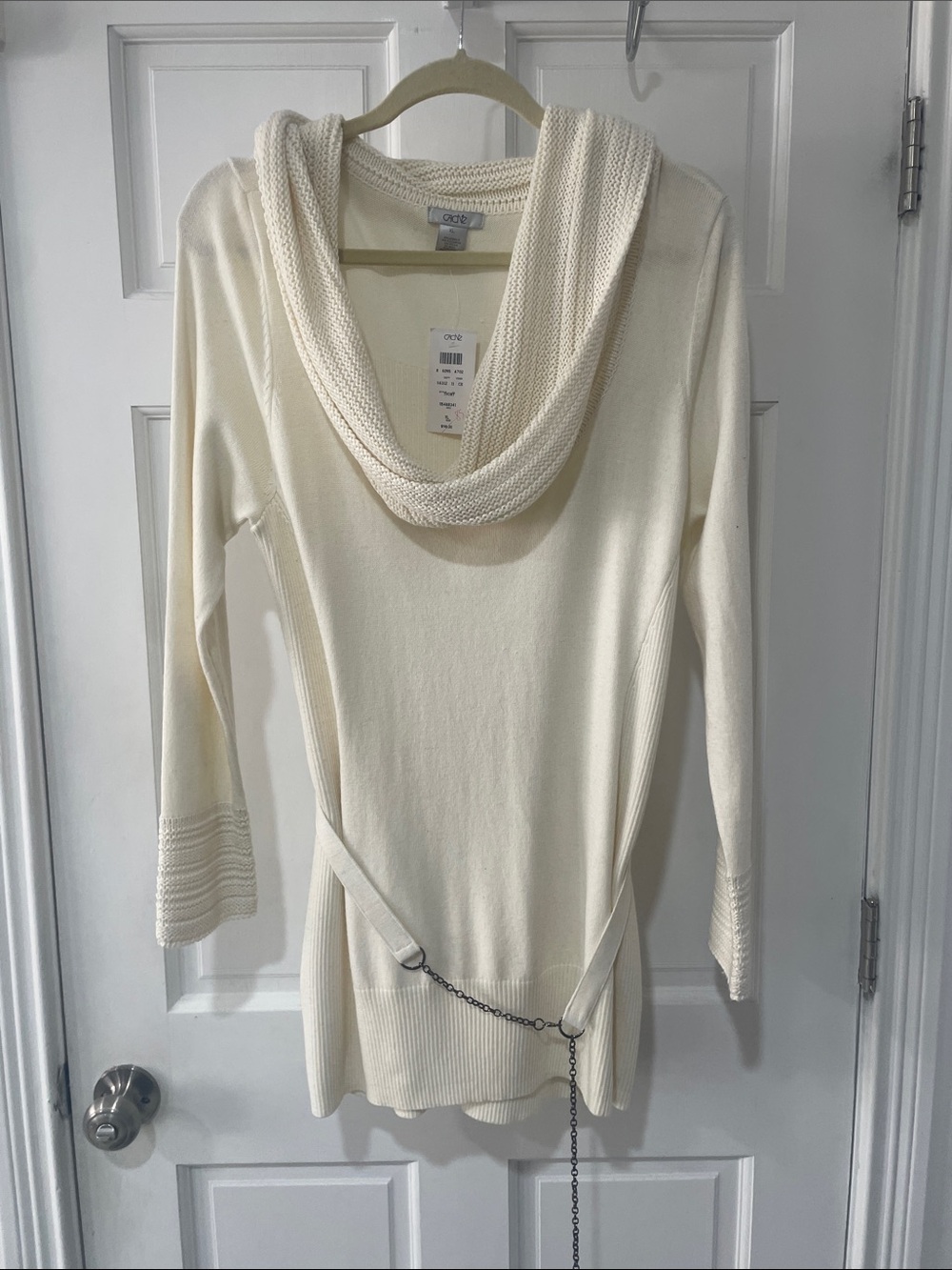 Cache Ivory Cowl Neck Belted Knit Sweater